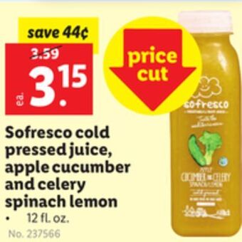 Lidl Sofresco cold pressed juice, apple cucumber and celery spinach lemon offer
