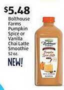 Aldi Bolthouse farms pumpkin spice or vanilla chai latte smoothie offer