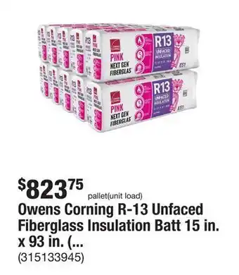 The Home Depot Owens corning r-13 unfaced fiberglass insulation batt 15 in. x 93 in. (10-bags) offer