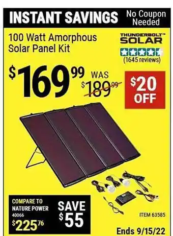 Harbor Freight Tools 100 watt amorphous solar panel kit offer