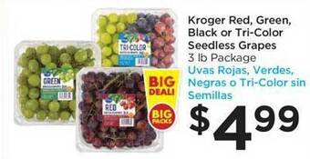 Food 4 Less Kroger red, green, black or tri-color seedless grapes offer