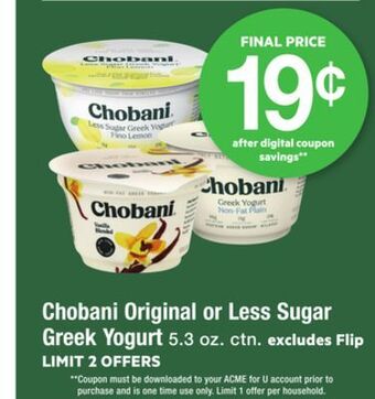 ACME Chobani original or less sugar greek yogurt offer