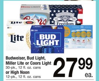 ACME Budweiser, bud light, miller lite or coors light 30-pk., 12 fl. oz. cans or high noon 12-pk., 12 fl. oz. cans offer