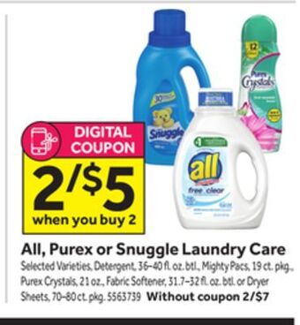 Stop&Shop All, purex or snuggle laundry care offer