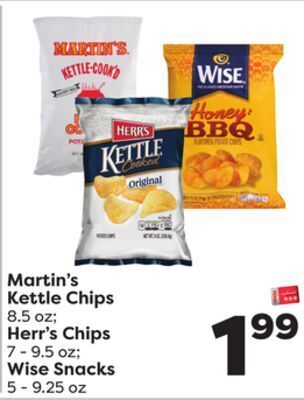 Weis Markets Martin's kettle chips 8.5 oz herr's chips 7-9.5 oz wise snacks 5-9.25 oz offer