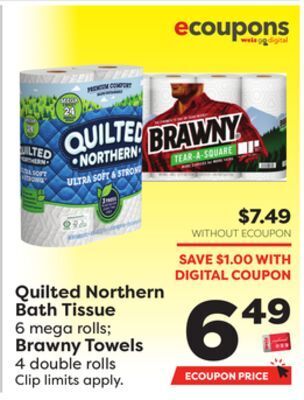 Weis Markets Quilted northern bath tissue 6 mega rolls brawny towels 4 double rolls offer