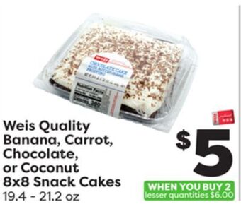 Weis Markets Weis quality banana, carrot, chocolate, or coconut 8x8 snack cakes offer
