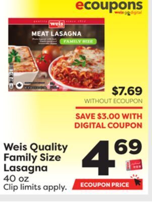 Weis Markets Weis quality family size lasagna offer