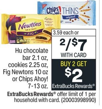 CVS Hu chocolate bar 2.1 oz, cookies 2.25 oz, fig newtons 10 oz or chips ahoy! 7-13 oz. offer