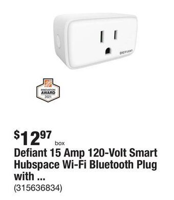 The Home Depot Defiant 15 amp 120-volt smart hubspace wi-fi bluetooth plug with 1 outlet offer