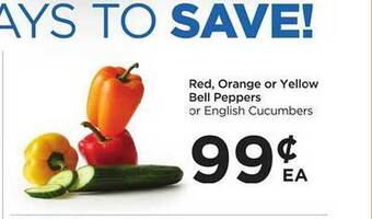 Food 4 Less Red, orange or yellow bell peppers or english cucumbers offer