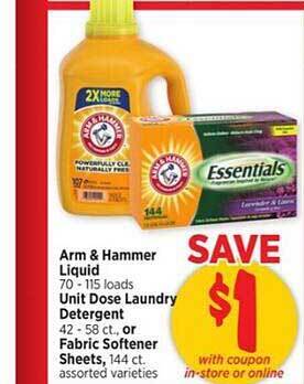H-E-B Arm & hammer liquid, unit dose laundry detergent or fabric softener sheets offer