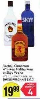 Fireball cinnamon whiskey, malibu rum or skyy vodka