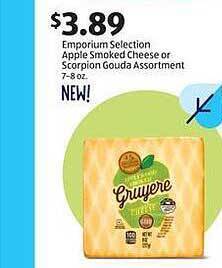 Aldi Emporium selection apple smoked cheese or scorpion gouda assortment offer