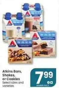 Atkins bars, shakes or cookies