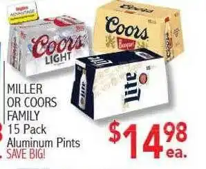 Ingles Markets Miller or coors family 15 pack aluminum pints offer