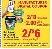Safeway Ben & jerry's ice cream or non-dairy dessert offer