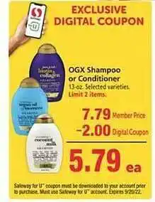 Safeway Ogx shampoo or conditioner offer