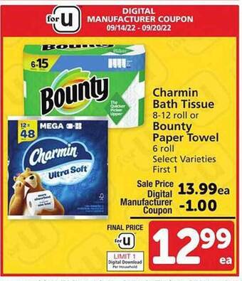 Safeway Charmin bath tissue or bounty paper towel offer