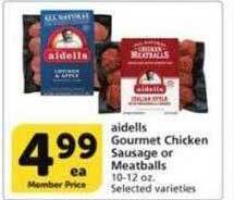 Vons Aidells gourmet chicken sausage or meatballs offer