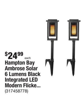 The Home Depot Hampton bay ambrose solar 6 lumens black integrated led modern flicker flame path light (2-pack) weather/water/rust resistant offer
