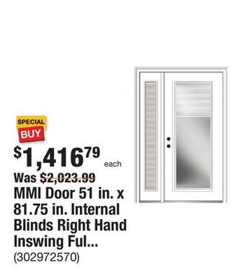 The Home Depot Mmi door 51 in. x 81.75 in. internal blinds right hand inswing full-lite primed steel prehung front door with one sidelite offer