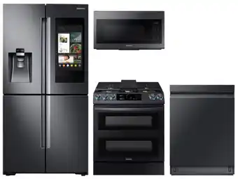 Samsung Family hub™ 4-door flex™ refrigerator + flex duo™ slide-in gas range with smart dial & air fry + linear wash dishwasher + mic offer