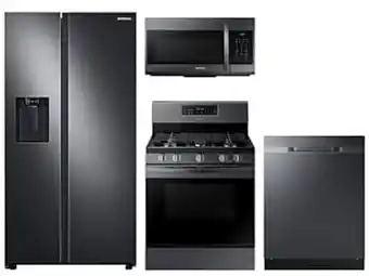 Samsung Large capacity side-by-side refrigerator & gas range package in black stainless offer