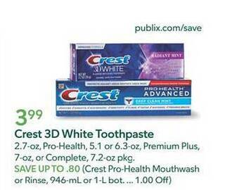 Publix Crest 3d white toothpaste offer