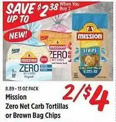 IGA Mission zero net tortillas or brown bag chips offer