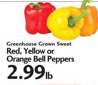 Sunset Foods Greenhouse grown sweet red, yellow or orange bell peppers offer