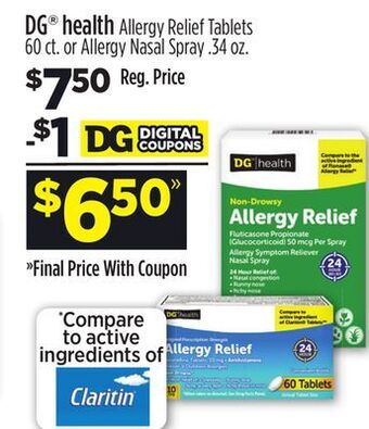 Dollar General Dg® health allergy relief tablets 60 ct. or allergy nasal spray. 34 oz. offer