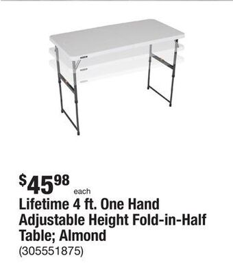 The Home Depot Lifetime 4 ft. one hand adjustable height fold-in-half table almond offer
