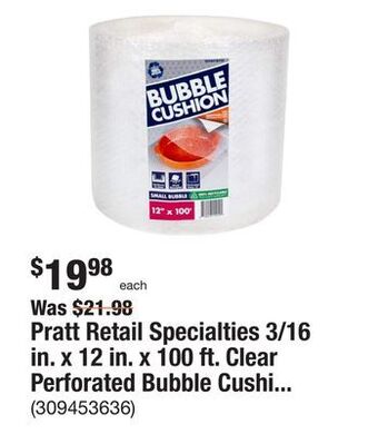 The Home Depot Pratt retail specialties 3/16 in. x 12 in. x 100 ft. clear perforated bubble cushion wrap offer