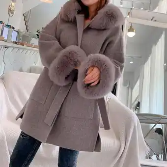 AliExpress Furyoume women real fur coat winter jacket oversize loose cashmere wool blends streetwear natural fox fur hood outerwear belt offer