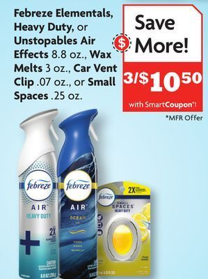 Family Dollar Febreze elementals, heavy duty, or unstopables air effects 8.8 oz., wax melts 3 oz., car vent clip. 07 oz., or small spaces. offer