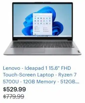 Best Buy Lenovo- Ideapad 1 15.6" FHD Touch- Screen Laptop- Ryzen 7 %700U- 12gb Memory- 512gb offer