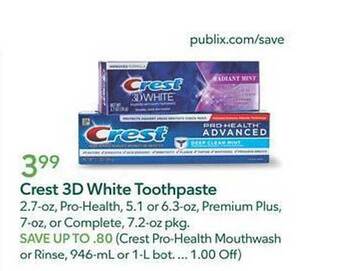 Publix Crest 3d white toothpaste offer