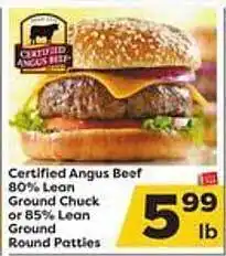 Weis Markets Certified angus beef 80% lean ground chuck or 85% lean ground round patties offer