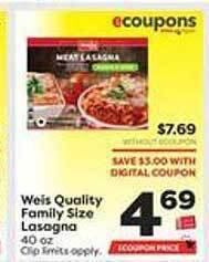 Weis Markets Weis quality family size lasagna offer