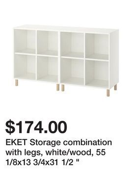 Ikea Eket storage combination with legs, white/wood, 55 1/8x13 3/4x31 1/2 " offer
