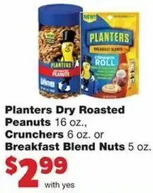 Family Fare Planters Dry Roasted Peanuts 16 oz, Crunchers 6 oz offer