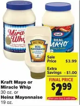 Family Fare Kraft Mayo or Miracle Whip 30 oz or Heinz Mayonnaise 19 oz offer