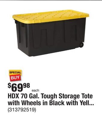 The Home Depot Hdx 70 gal. tough storage tote with wheels in black with yellow lid offer