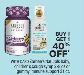 CVS Zarbee's naturals baby, children's cough syrup 2-8 oz or gummy immune support 21 ct. offer