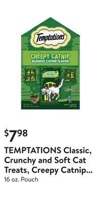 Walmart Temptations classic, crunchy and soft cat treats, creepy catnip treats for cats, blissful catnip flavor offer