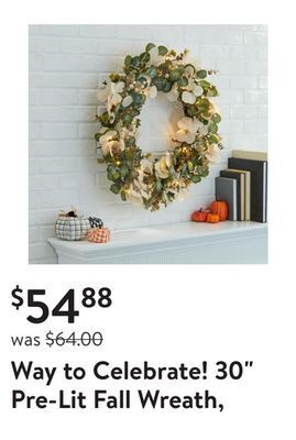 Walmart Way to celebrate! 30" pre-lit fall wreath, green and white eucalyptus leaf mix, for fall decoration offer