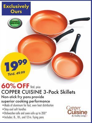 Boscov's Copper cuisine 3-pack skillets offer