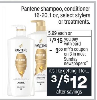 CVS Pantene shampoo, conditioner 16-20.1 oz, select stylers or treatments offer
