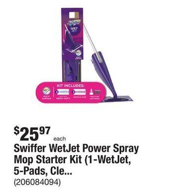 The Home Depot Swiffer wetjet power spray mop starter kit (1-wetjet, 5-pads, cleaning solution and batteries) offer